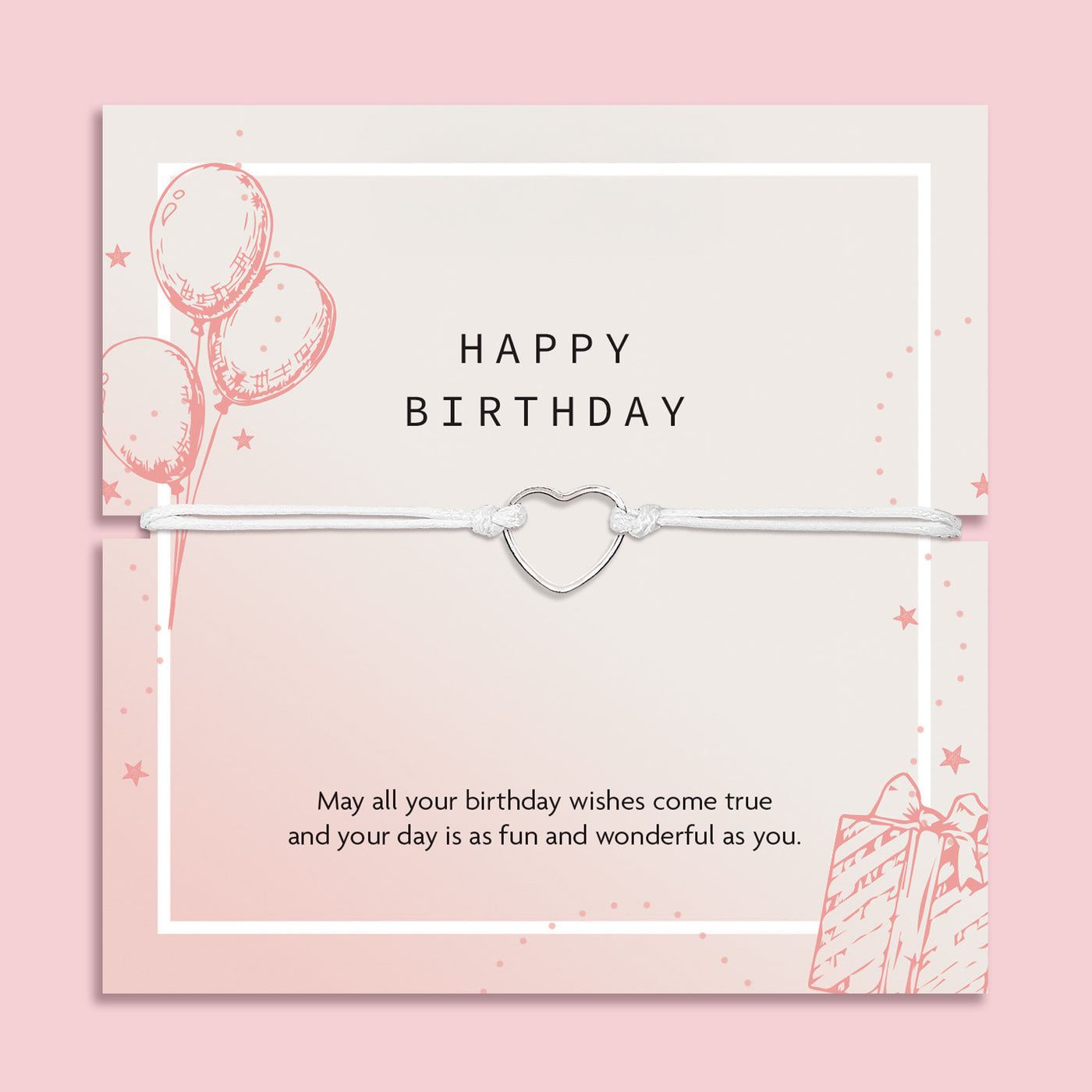 Letterbox Love happy birthday bracelet gift – dainty heart charm on a white cord, presented on a pastel pink birthday card with a sweet message, perfect affordable jewellery gift for her, friend or teen.