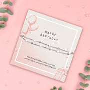 Letterbox Love happy birthday bracelet for her – elegant silver star and bead bracelet displayed on a soft pink birthday card with a sweet message, perfect letterbox jewellery gift for friends, daughters, or loved ones.