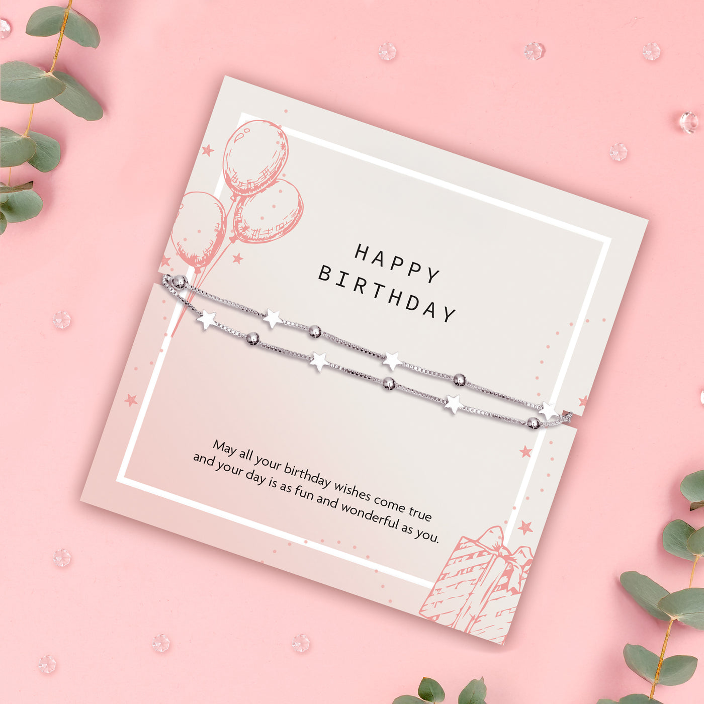Letterbox Love happy birthday bracelet for her – elegant silver star and bead bracelet displayed on a soft pink birthday card with a sweet message, perfect letterbox jewellery gift for friends, daughters, or loved ones.