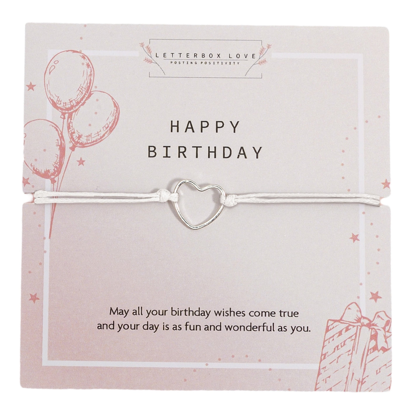 Silver heart charm birthday bracelet on a pastel pink card with balloons and a gift illustration, featuring a 