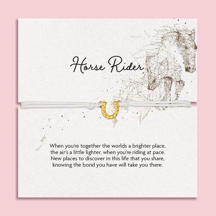 Horse Rider adjustable bracelet with gold horseshoe charm on equestrian sentiment card