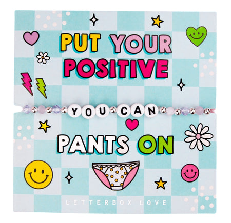 An image of a motivational card featuring a beaded bracelet with white letter beads spelling 