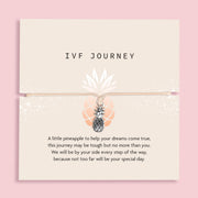 Pineapple charm bracelet on a card with 'IVF Journey' text on a pink background. Gift to support someone on an IVF Journey. 