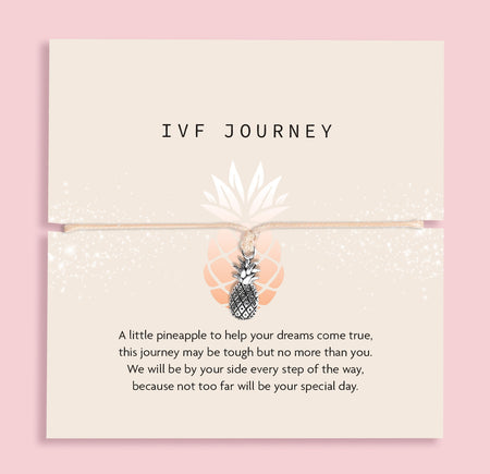 Pineapple charm bracelet on a card with 'IVF Journey' text on a pink background. Gift to support someone on an IVF Journey. 