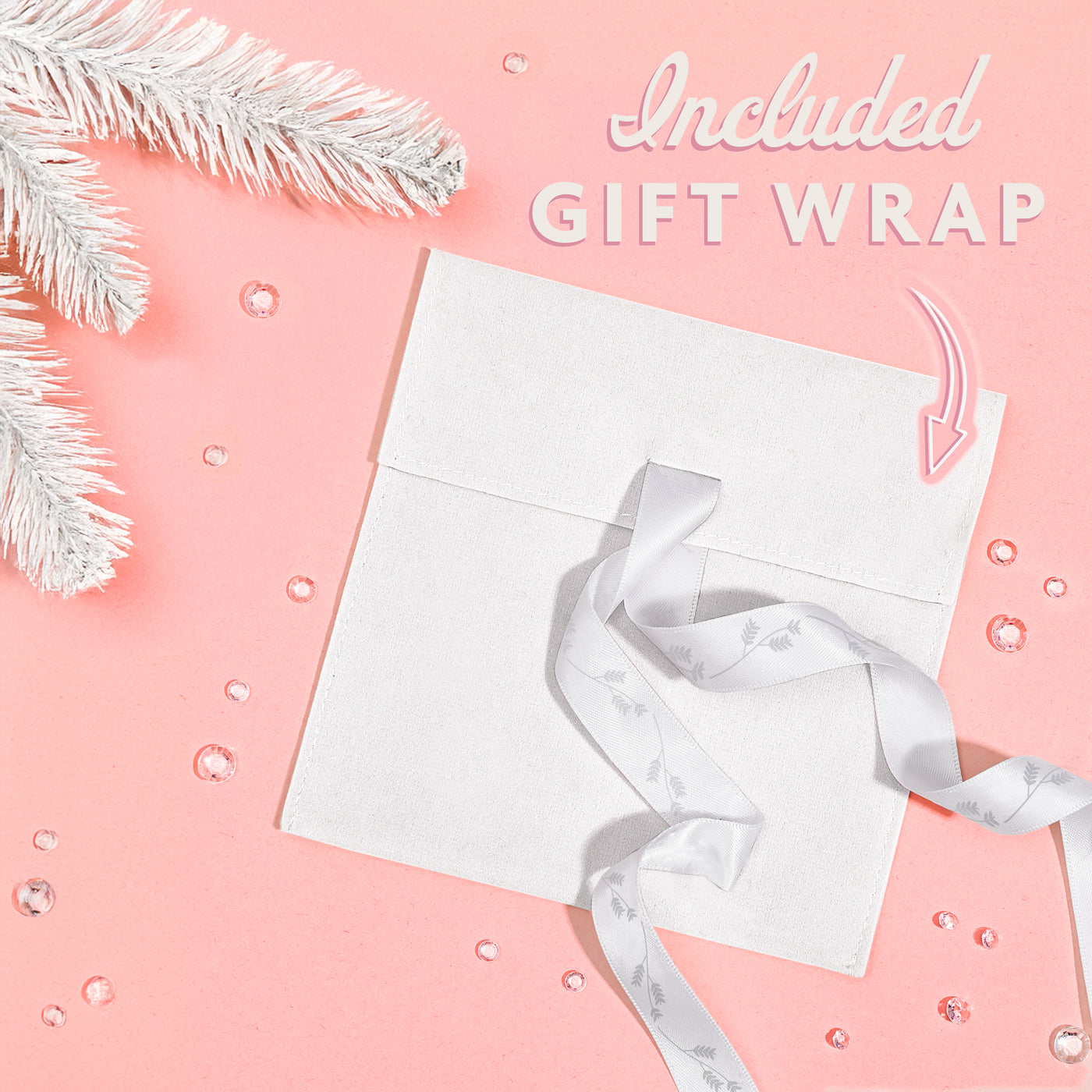 White gift wrap with a ribbon on a pink background with decorative elements. gift wrap for Christmas presents