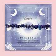 Lapis Lazuli Serenity Stones bracelet featuring blue crystal chips, placed on a celestial-themed card with the words "Serenity Stones" and a message about guiding through truth and honesty.