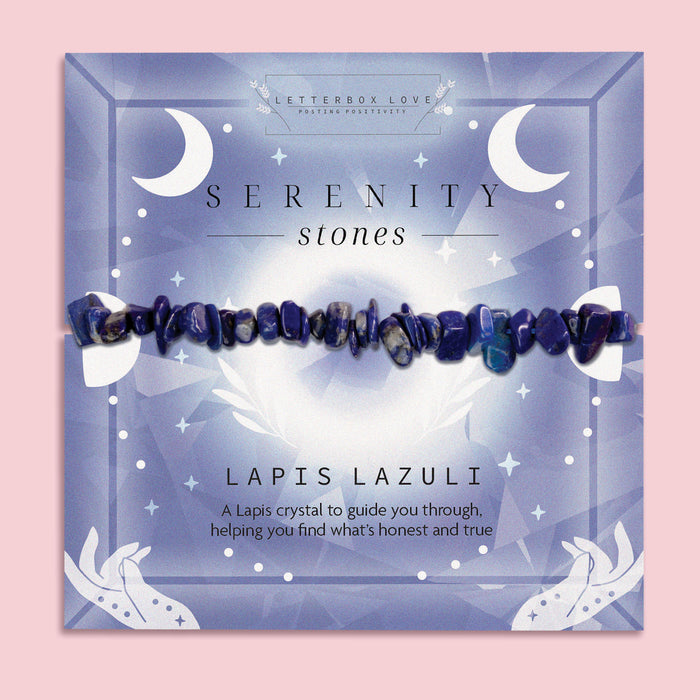 Lapis Lazuli Serenity Stones bracelet featuring blue crystal chips, placed on a celestial-themed card with the words "Serenity Stones" and a message about guiding through truth and honesty.