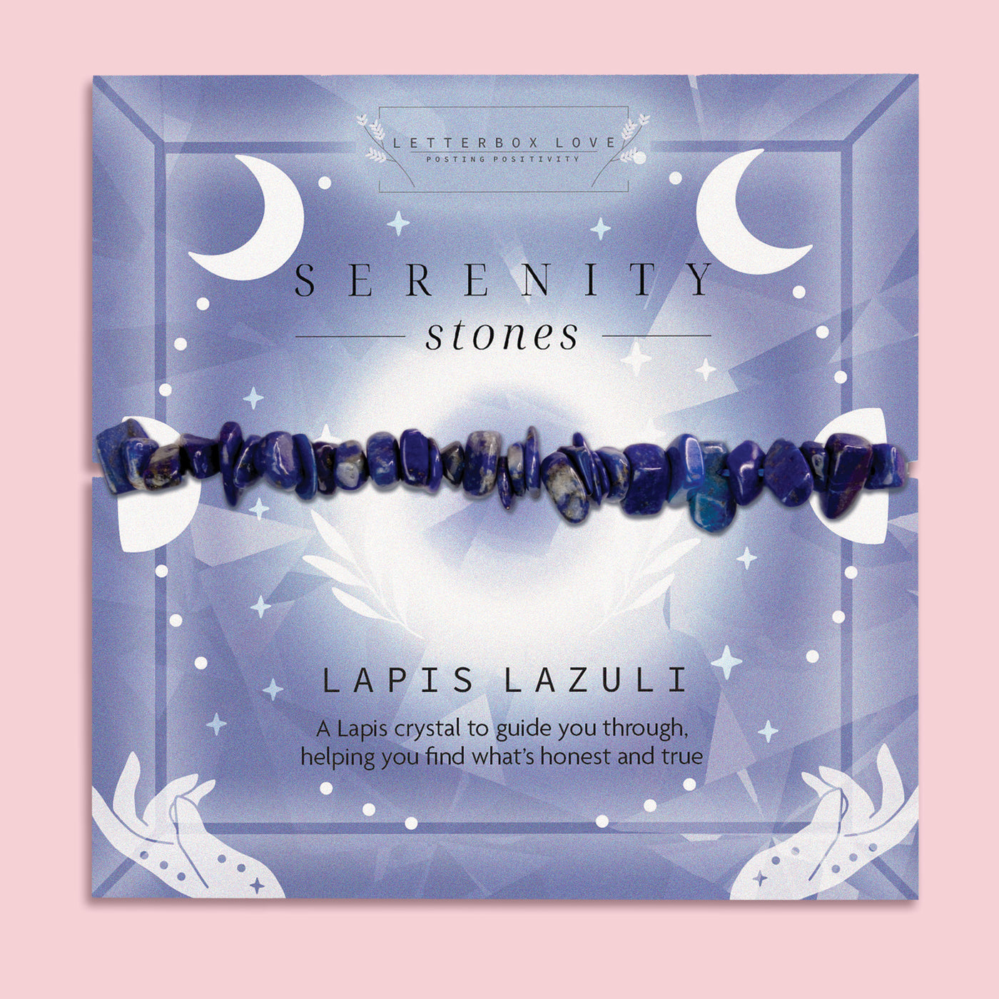Lapis Lazuli Serenity Stones bracelet featuring blue crystal chips, placed on a celestial-themed card with the words 