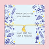 Yellow cord bracelet with an enamel lemon slice charm displayed on a pastel blue card with playful illustrations and the quote 