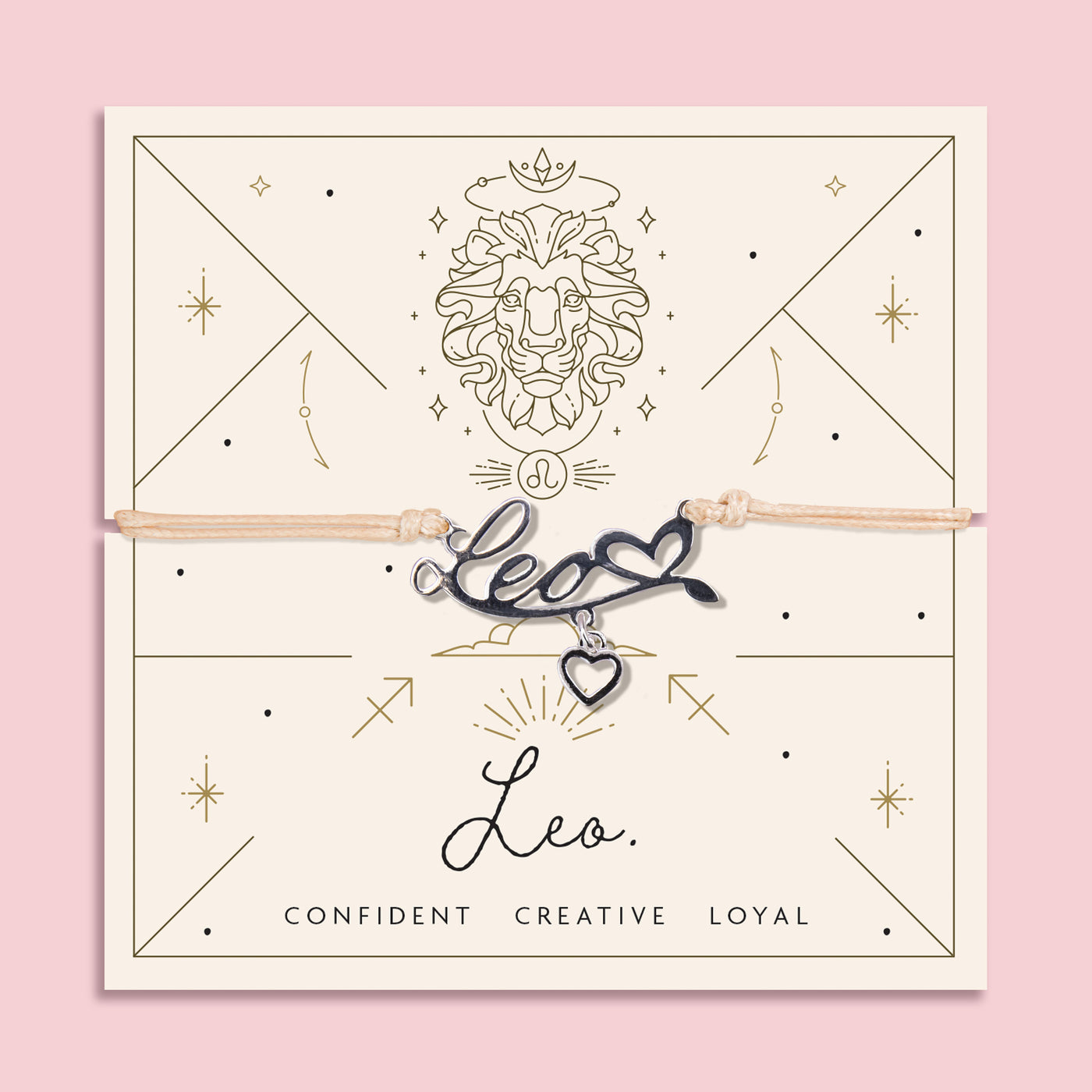 Adjustable beige thread bracelet with a silver 'Leo' charm and heart pendant, displayed on a zodiac-themed backing card featuring a lion illustration and the traits 