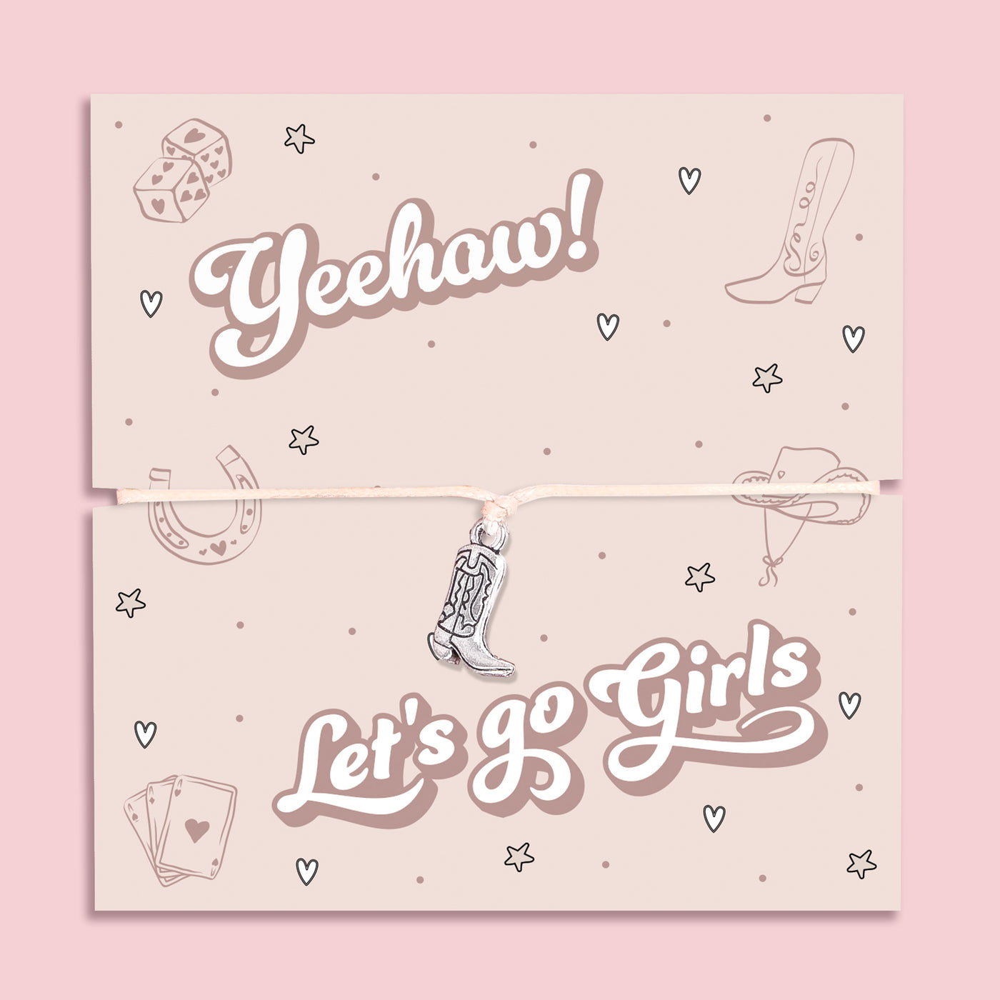 Let’s Go Girls cowgirl bracelet featuring a silver-tone cowboy boot charm on an adjustable cord. Presented on a playful Yeehaw themed card with Western icons, this bracelet is the perfect Nashville bachelorette gift, country music festival accessory, or fun keepsake for bridesmaids and best friends. A trendy Western jewellery piece ideal for hen parties, rodeo nights, stocking fillers, or as a unique gift for her who loves the cowgirl aesthetic.