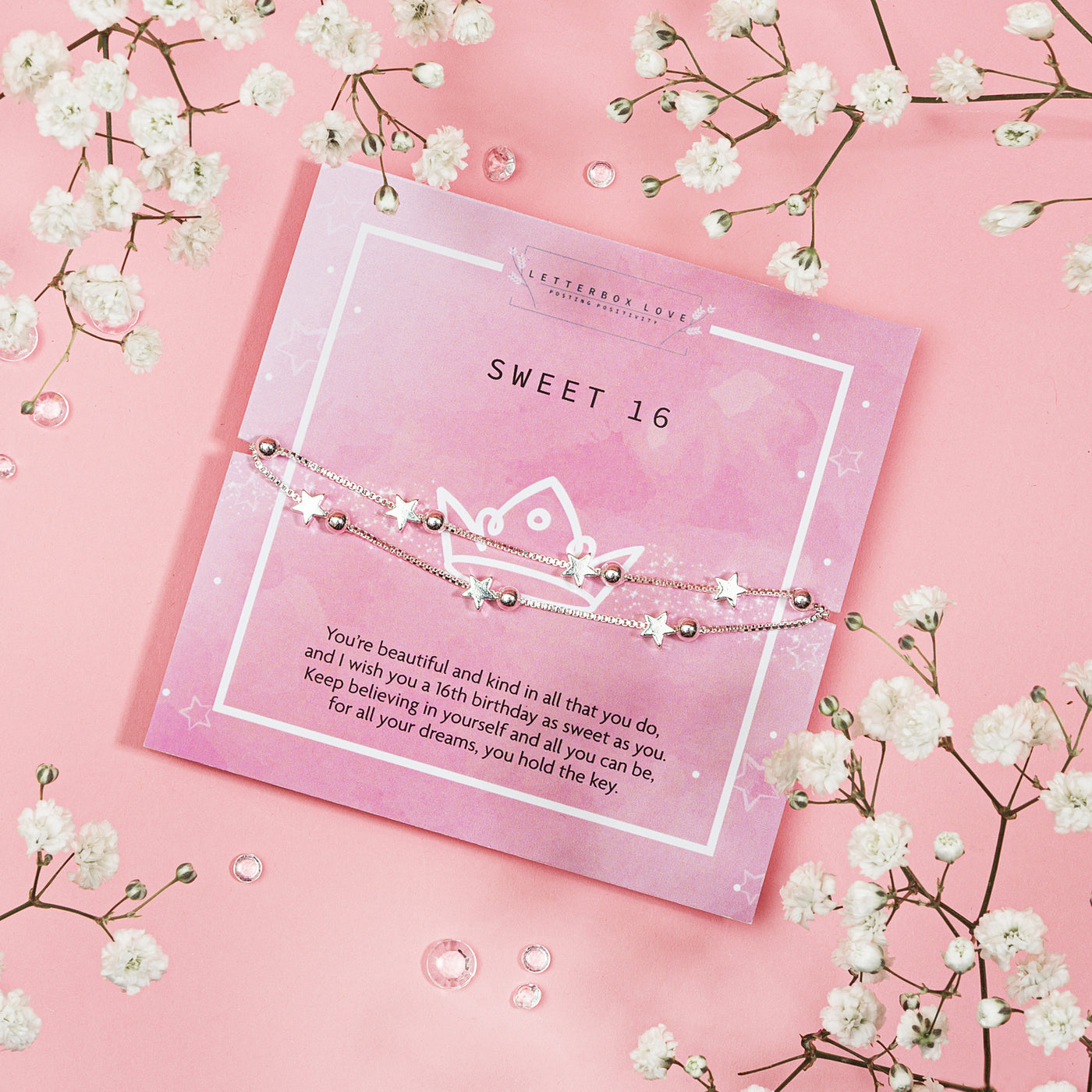 SWEET 16' bracelet adorned with star charms and delicate beads, presented on a lavender card with an encouraging message for a 16th birthday. 