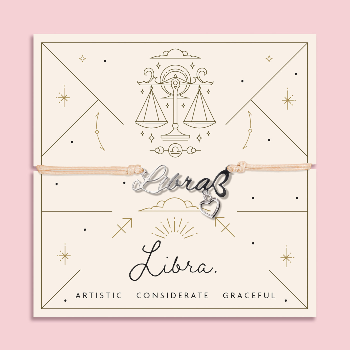 Libra zodiac sign charm on a pink background with decorative text and symbols. Affordable bracelet for a friend. Star sign presents under £20