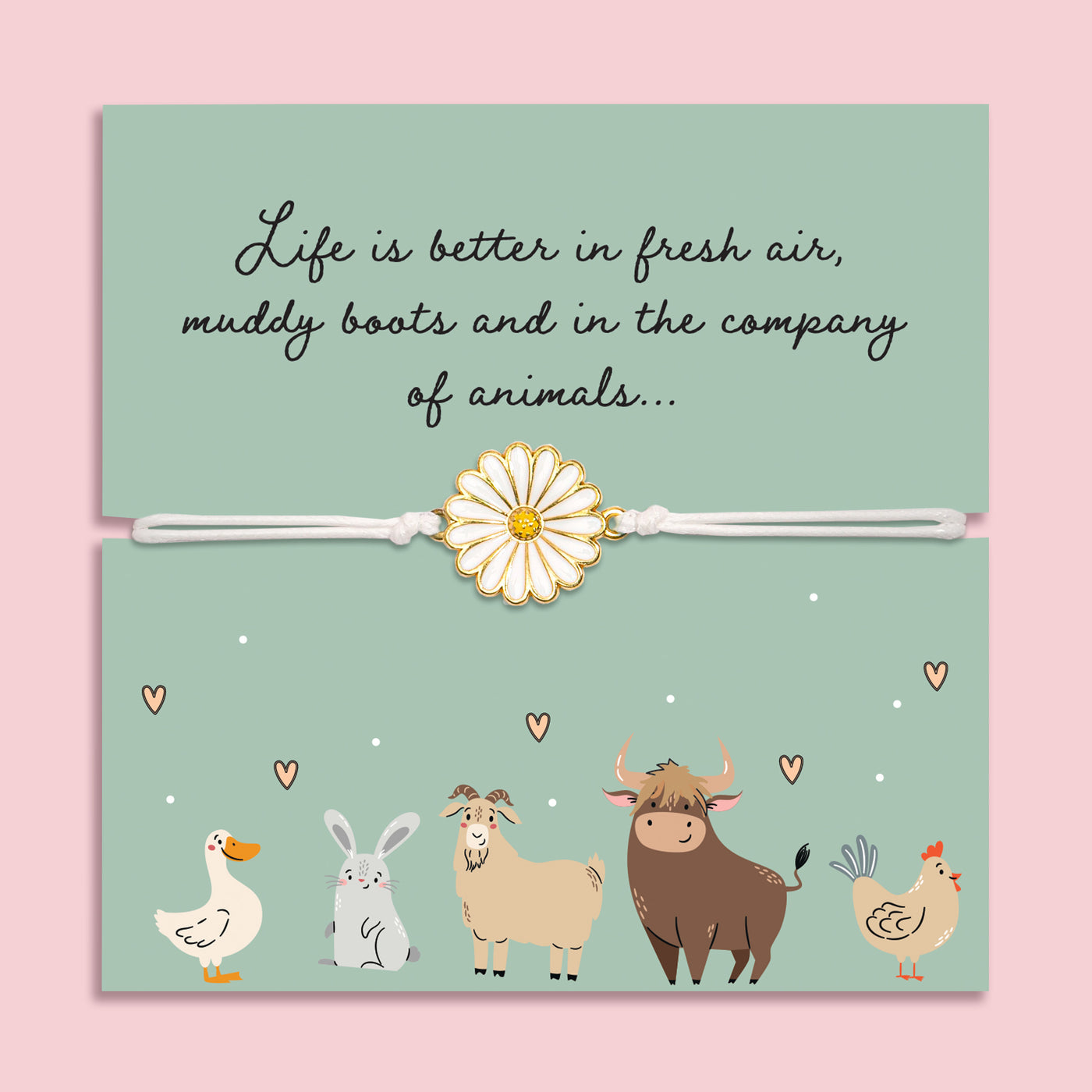 Bracelet with a daisy charm on a card featuring farm animals and text about enjoying life with animals. A cute gift for animal lovers.