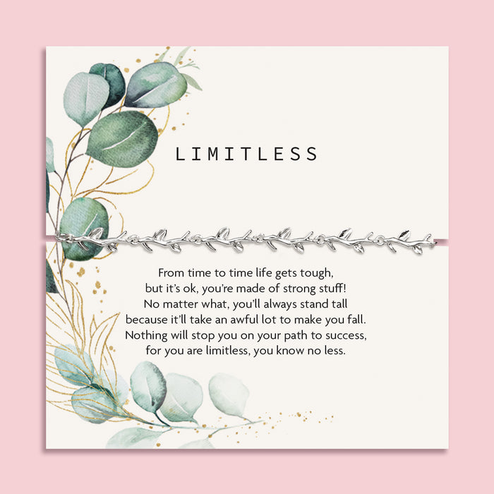 Motivational card with heartfelt jewellery for her, with floral design and inspirational message on a pink background. A pretty silver-plated vine bracelet makes an encouraging gift for women