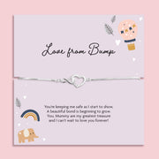 Love From Bump silver plated adjustable bracelet with cubic zirconia heart charm on a sentimental pregnancy message card, gift for mum to be.