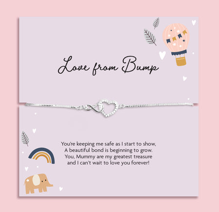 Love From Bump silver plated adjustable bracelet with cubic zirconia heart charm on a sentimental pregnancy message card, gift for mum to be.