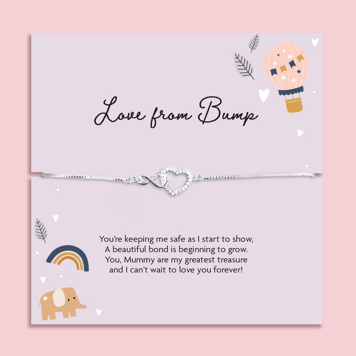 Love From Bump silver plated adjustable bracelet with cubic zirconia heart charm on a sentimental pregnancy message card, gift for mum to be.