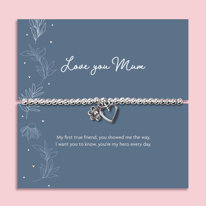 I Love You Mum silver plated bead bracelet with heart charm displayed on sentimental keepsake card, meaningful Mother’s Day gift for mum.