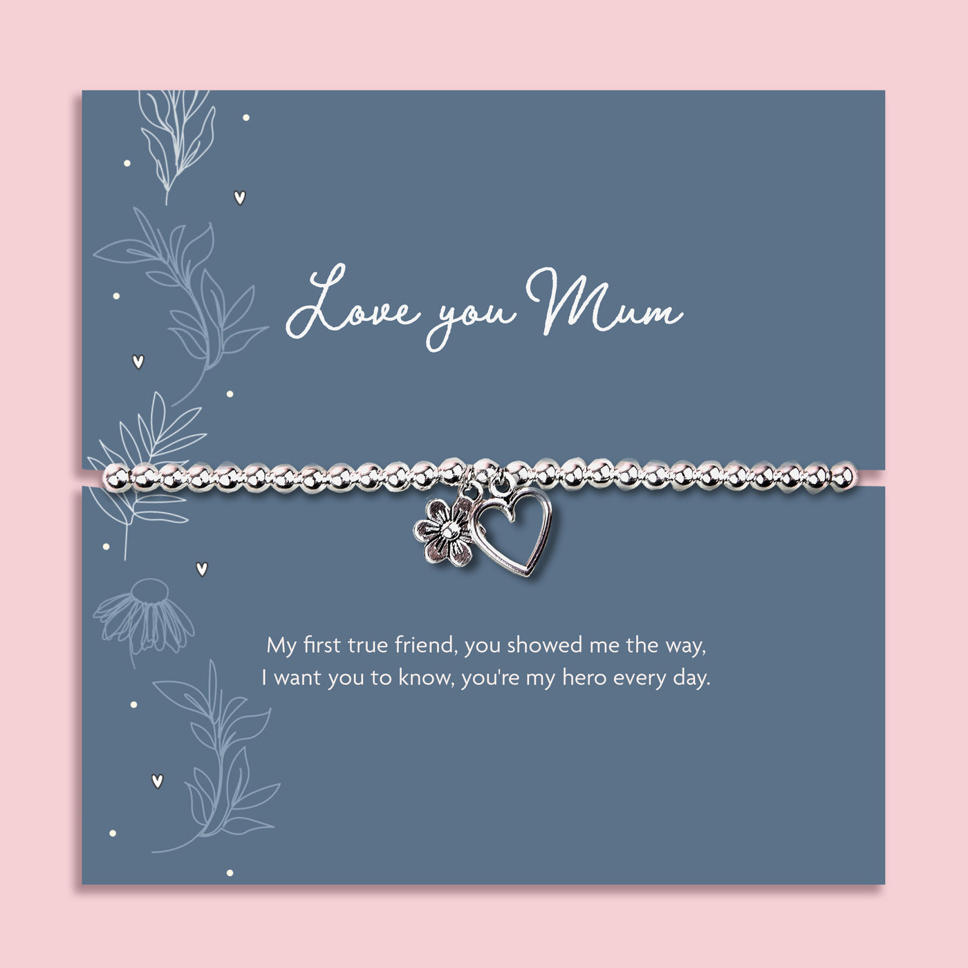 I Love You Mum silver plated bead bracelet with heart charm displayed on sentimental keepsake card, meaningful Mother’s Day gift for mum.