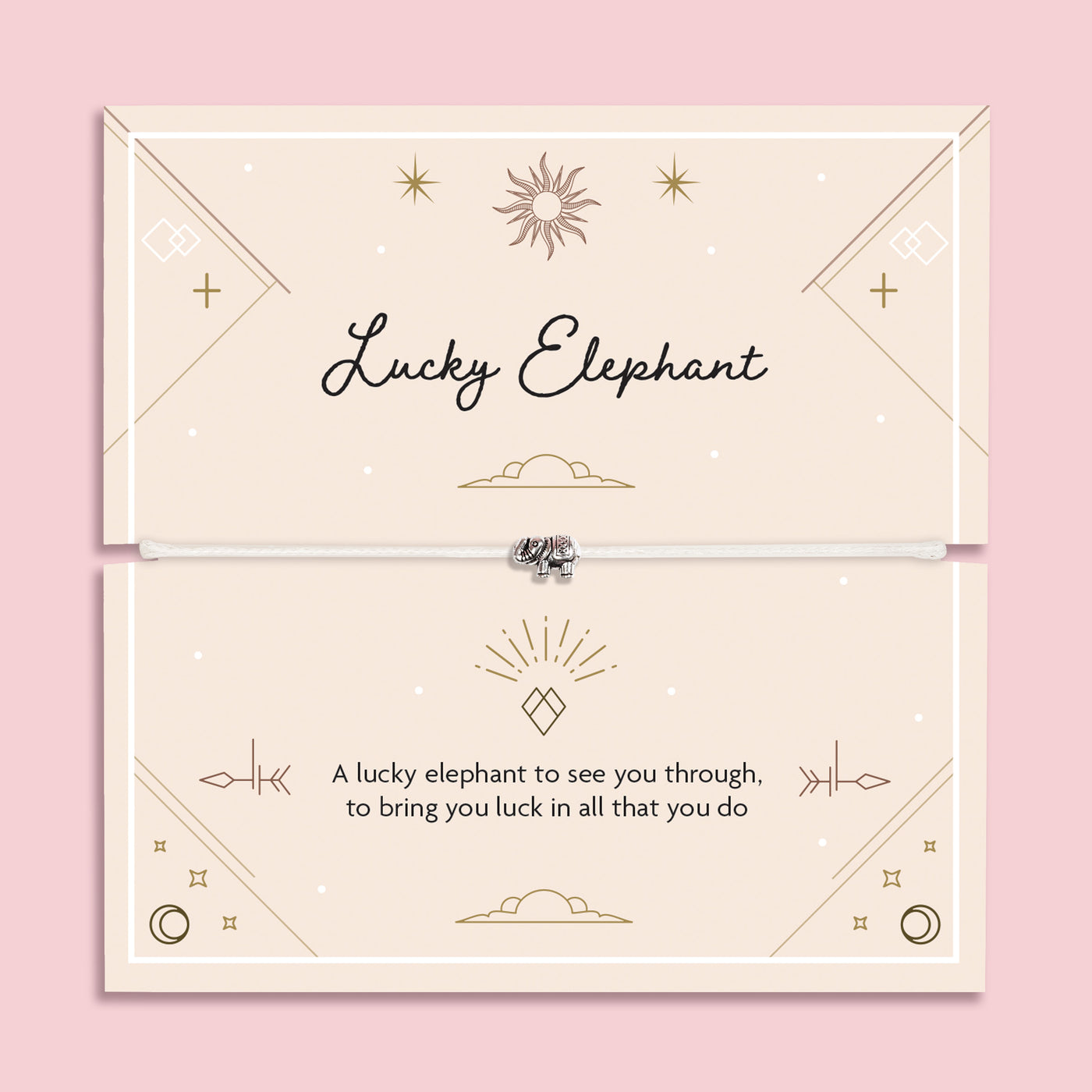 Lucky Elephant bracelet with silver elephant charm on an adjustable cord, displayed on a soft peach celestial poem card. A meaningful good luck gift for her.
