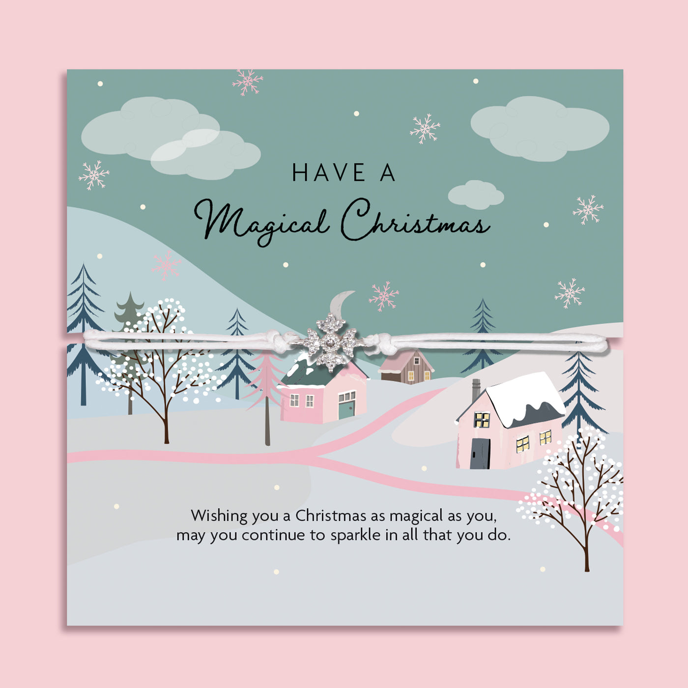 Magical Christmas snowflake bracelet featuring a silver snowflake charm on an adjustable cord, presented on a festive card with pastel winter village scene, snowy trees, and falling snowflakes. Includes a soft white pouch for gifting and safekeeping. Perfect Christmas jewellery gift for her, ideal as a stocking filler, Secret Santa present, or festive keepsake. A thoughtful holiday bracelet symbolising the sparkle and magic of Christmas and winter.