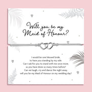 Maid of Honour proposal bracelet with interlocking silver hearts, adjustable cord, and sentimental poem card. Perfect gift for proposal boxes and bridal party keepsakes
