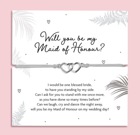 Maid of Honour proposal bracelet with interlocking silver hearts, adjustable cord, and sentimental poem card. Perfect gift for proposal boxes and bridal party keepsakes