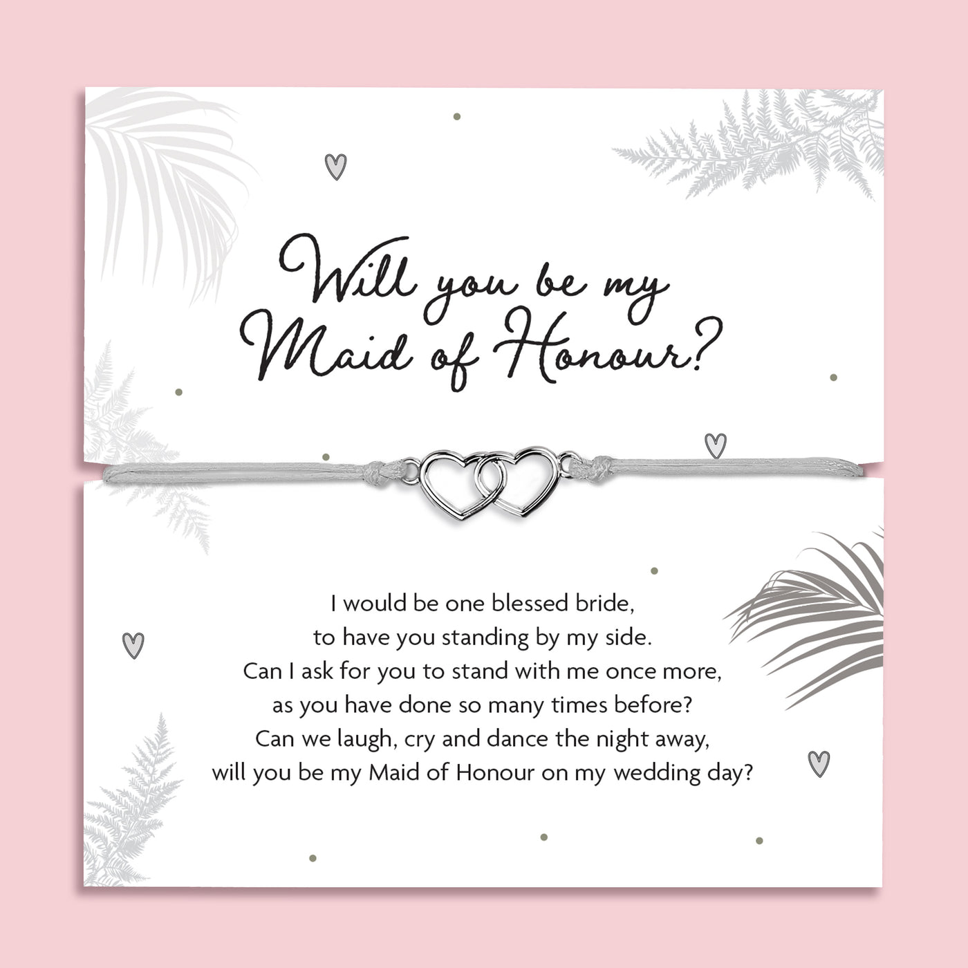 Maid of Honour proposal bracelet with interlocking silver hearts, adjustable cord, and sentimental poem card. Perfect gift for proposal boxes and bridal party keepsakes