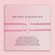 Two pink heart-shaped bracelets on a matching card with text, against a light pink background. A cute gift under £10 for a mother and daughter