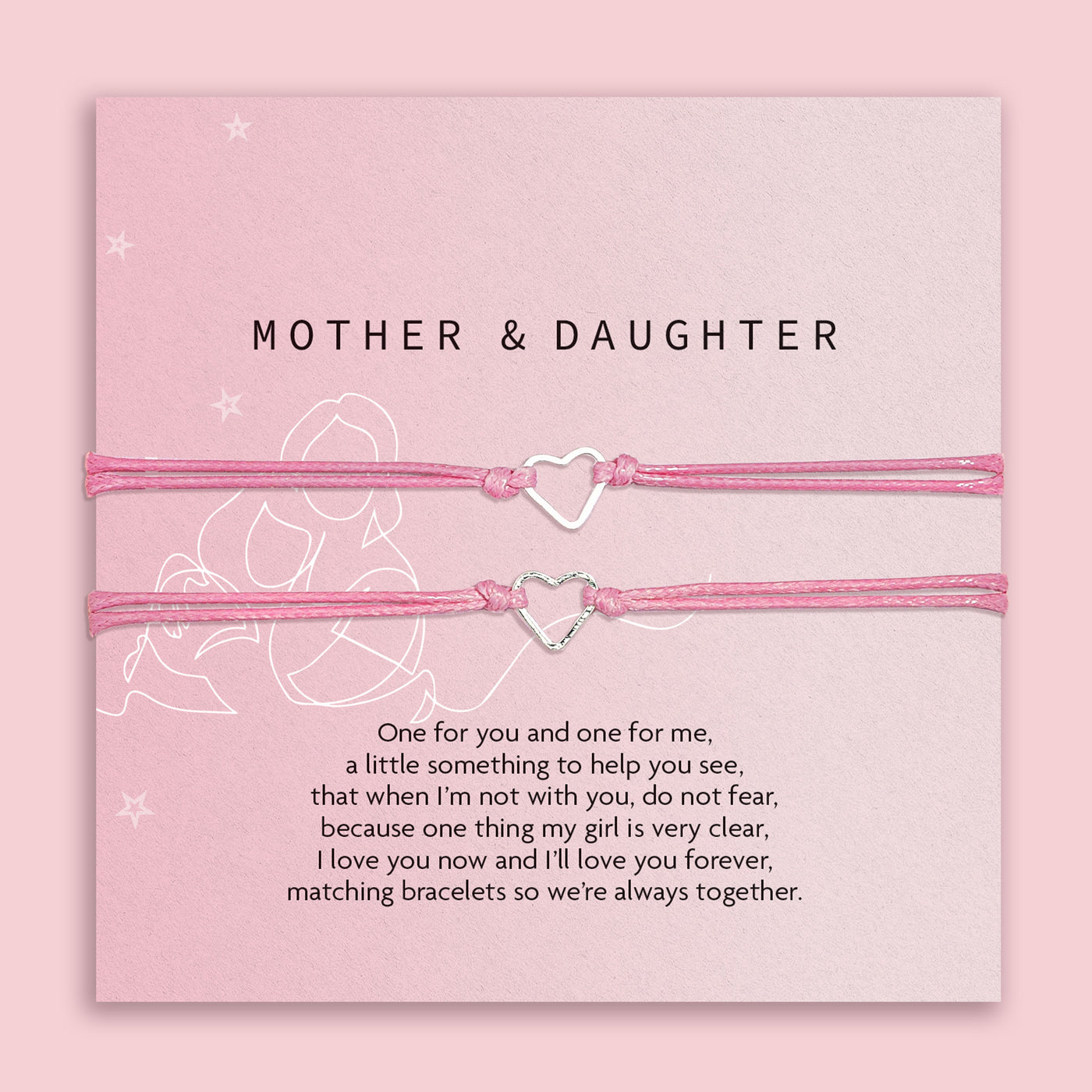 Two pink heart-shaped bracelets on a matching card with text, against a light pink background. A cute gift under £10 for a mother and daughter