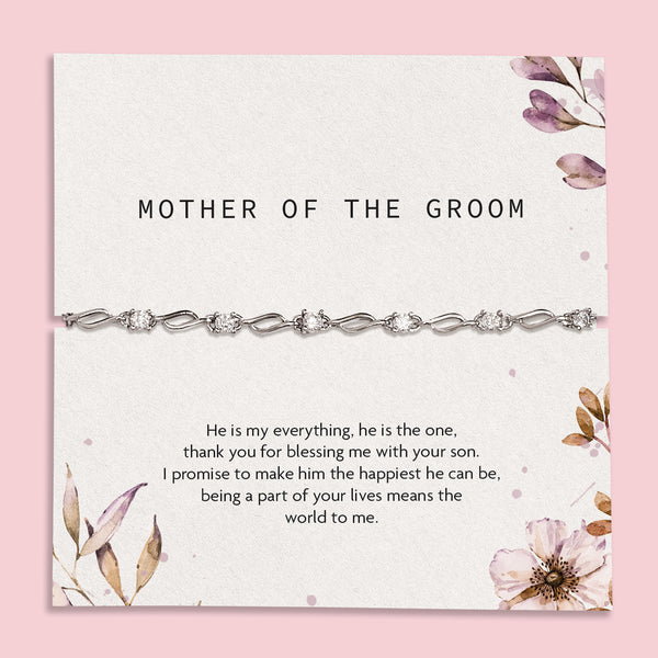 Bracelet on a card for 'Mother of the Groom' with floral design, silver-plated wedding bracelet under £20, perfect gift for a bridal party
