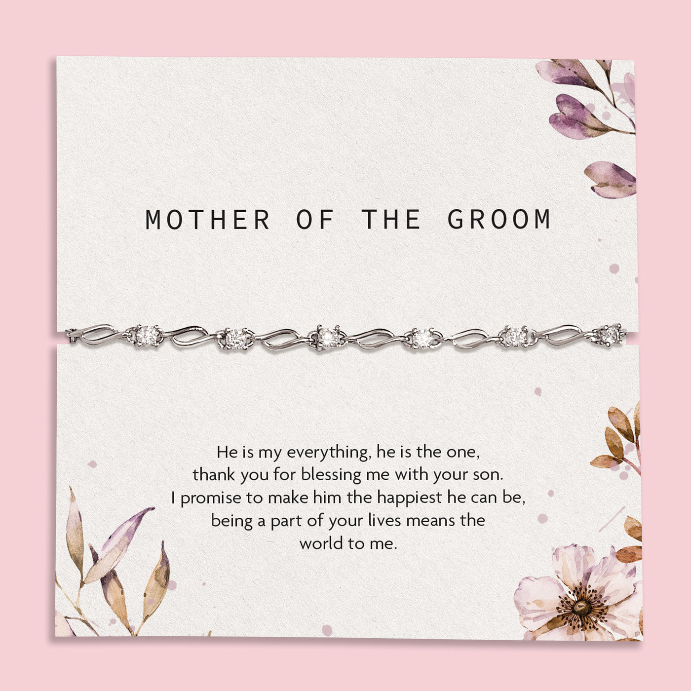 Bracelet on a card for 'Mother of the Groom' with floral design, silver-plated wedding bracelet under £20, perfect gift for a bridal party