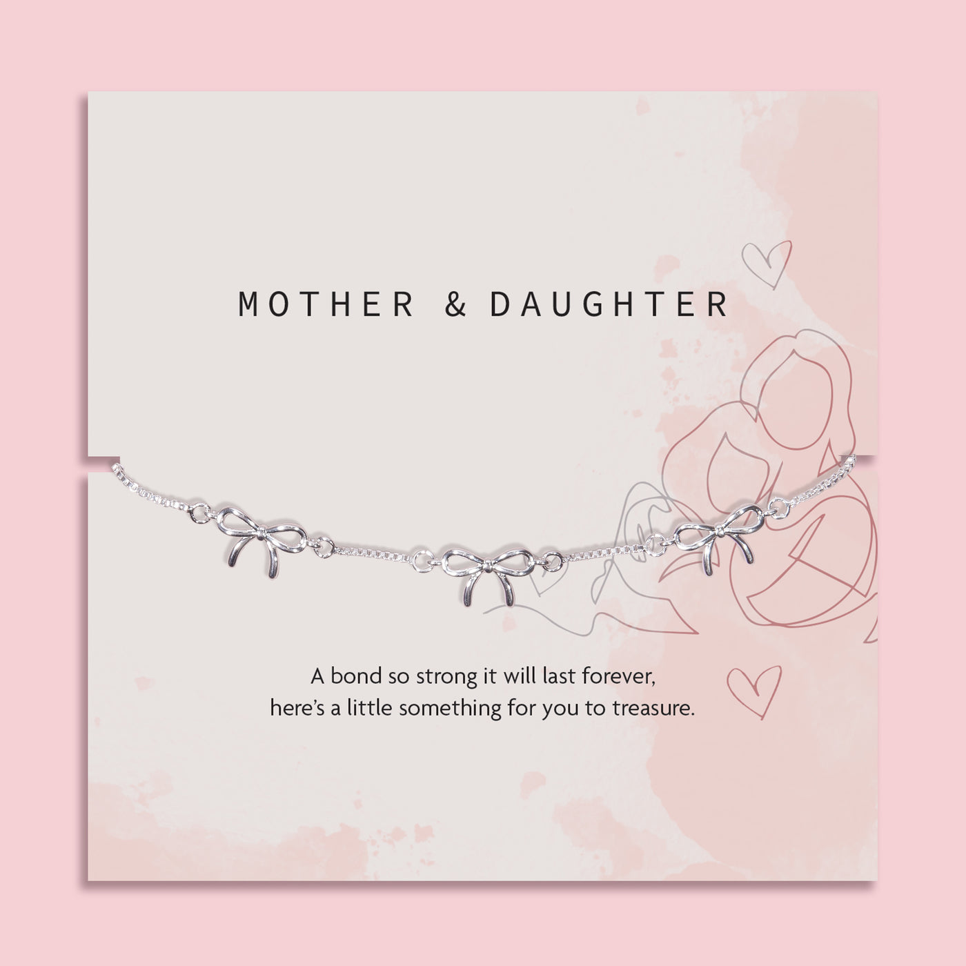 a pale pink background with a mother and daughter poem card and silver-plated bow bracelet