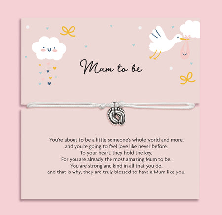 Adjustable white cord bracelet with baby feet charm displayed on Mum To Be poem card, pregnancy gift for expecting mum, baby shower bracelet keepsake.