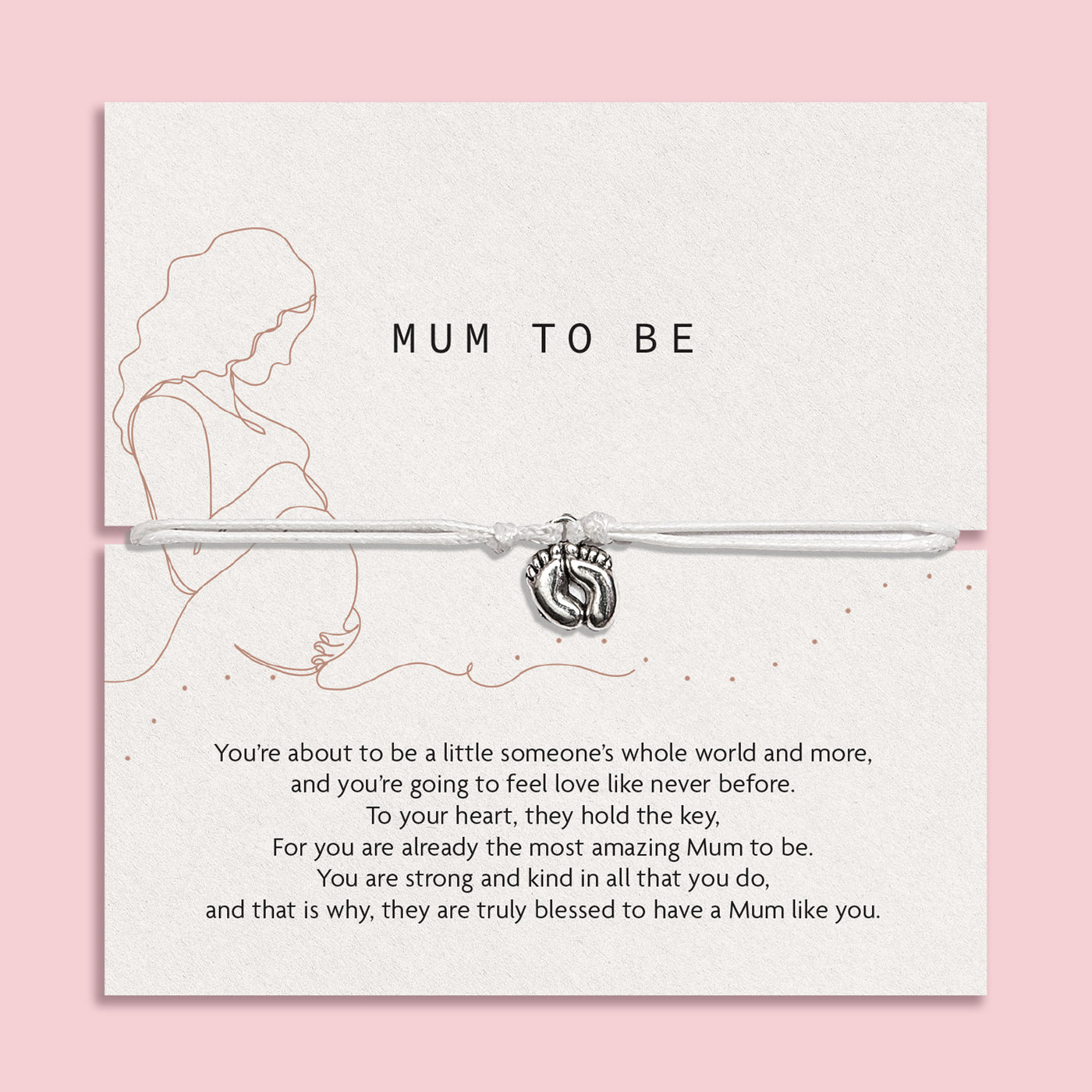Bracelet with baby feet charm on a card for 'Mum to Be' with text and Letterbox Love branding. A cute bracelet for a Mum to Be