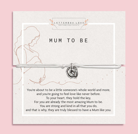 Bracelet with baby feet charm on a card for 'Mum to Be' with text and Letterbox Love branding. A cute bracelet for a Mum to Be