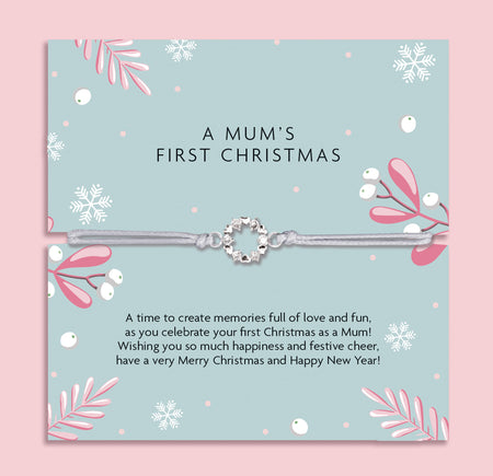 Delicate silver charm bracelet on a festive card, a sentimental gift celebrating a mum’s first Christmas.