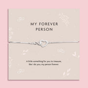 Silver-plated infinity heart bracelet with zirconia stones displayed on My Forever Person keepsake card, romantic jewellery gift symbolising everlasting love.