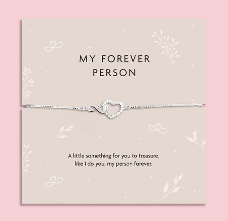 Silver-plated infinity heart bracelet with zirconia stones displayed on My Forever Person keepsake card, romantic jewellery gift symbolising everlasting love.