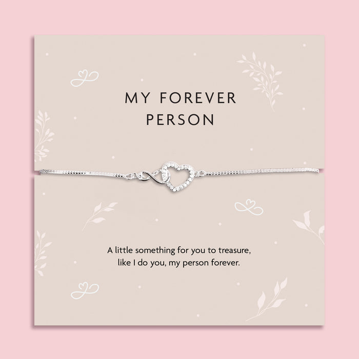 Silver-plated infinity heart bracelet with zirconia stones displayed on My Forever Person keepsake card, romantic jewellery gift symbolising everlasting love.