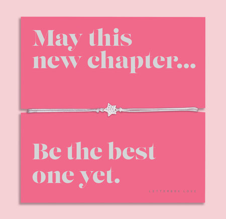 Friendship bracelet with a silver star charm on an adjustable cord, displayed on a pink card reading “May this new chapter… be the best one yet” — an uplifting bracelet for a friend and thoughtful friendship gift by Letterbox Love.