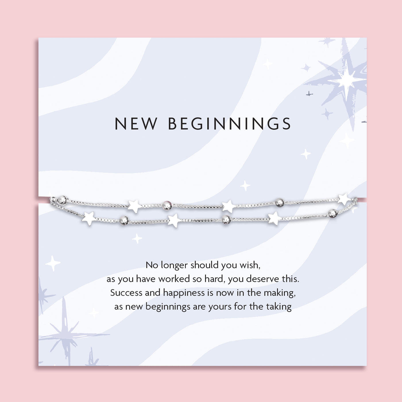 Silver star and bead bracelet displayed on a pastel backing card with the message 