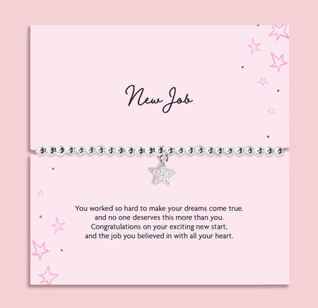 New job bracelet with silver beaded chain and star charm on pink card, congratulations gift for new job and career success