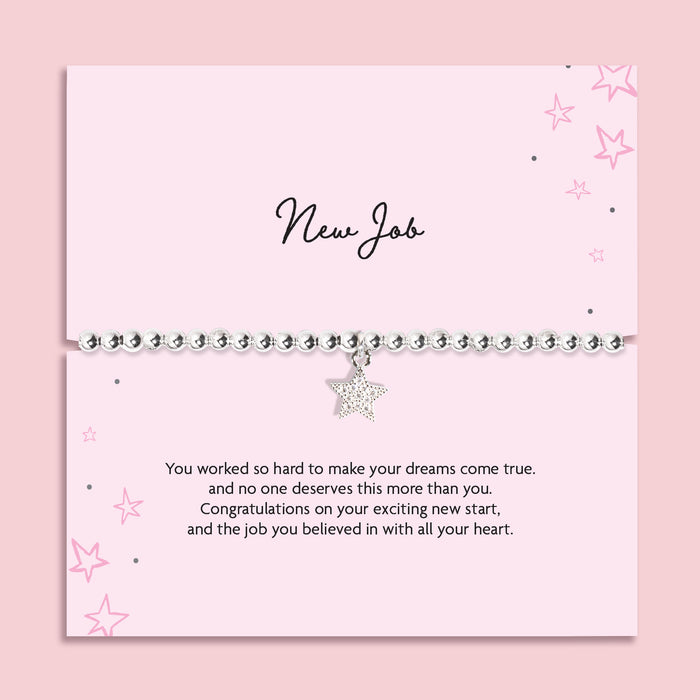 New job bracelet with silver beaded chain and star charm on pink card, congratulations gift for new job and career success