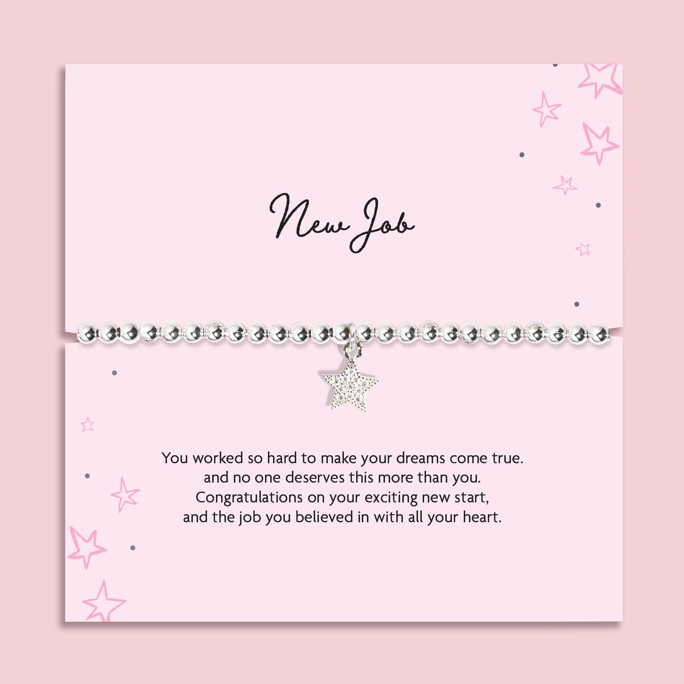 New job bracelet with silver beaded chain and star charm on pink card, congratulations gift for new job and career success