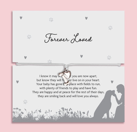 Adjustable cord bracelet with small heart and bone charm displayed on Forever Loved pet memorial poem card, thoughtful dog loss and pet remembrance jewellery gift