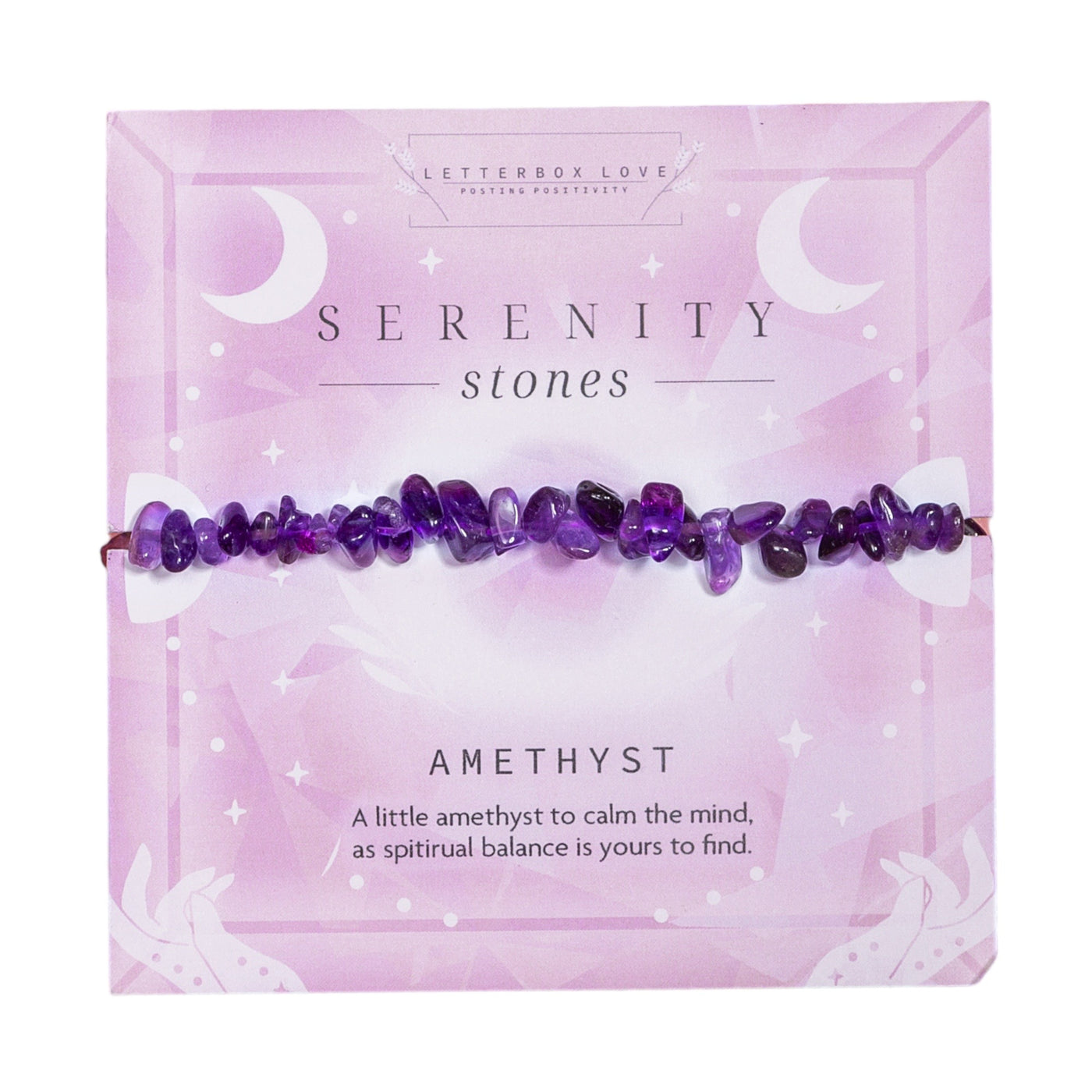 A 'SERENITY stones' card from Letterbox Love, showcasing a beautiful strand of amethyst beads. The card has 'AMETHYST' prominently displayed at the bottom with the inspiring words 'A little amethyst to calm the mind, as spiritual balance is yours to find.'