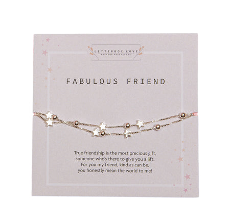 Friendship-themed gift card from Letterbox Love with the words 'FABULOUS FRIEND' in a bold font at the top. Below is a sweet poem celebrating true friendship and kindness. The card features a delicate bracelet with silver stars and small, sparkly embellishments on an adjustable chain, symbolizing the shine of a cherished friendship