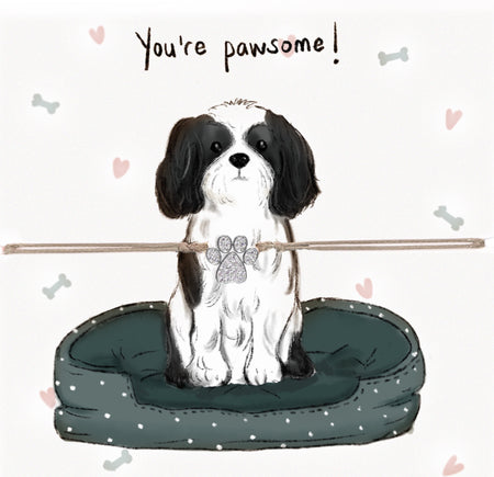 Illustrated card & bracelet featuring a cute black and white dog sitting in a teal pet bed, with a bone and hearts doodled around it. The dog wears a glittering paw-shaped pendant on its collar, and the phrase 'You're pawsome!' is playfully written at the top. The card exudes a charming and warm vibe, perfect for sharing a message of affection o